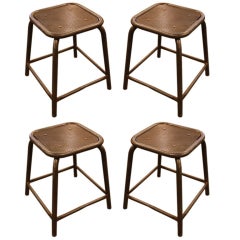 FOUR French Industrial Mid Century Perforated Seat Steel Stools
