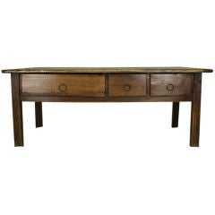 Antique Rustic French Cherry Three-Drawer Coffee Table, Breadboard Ends