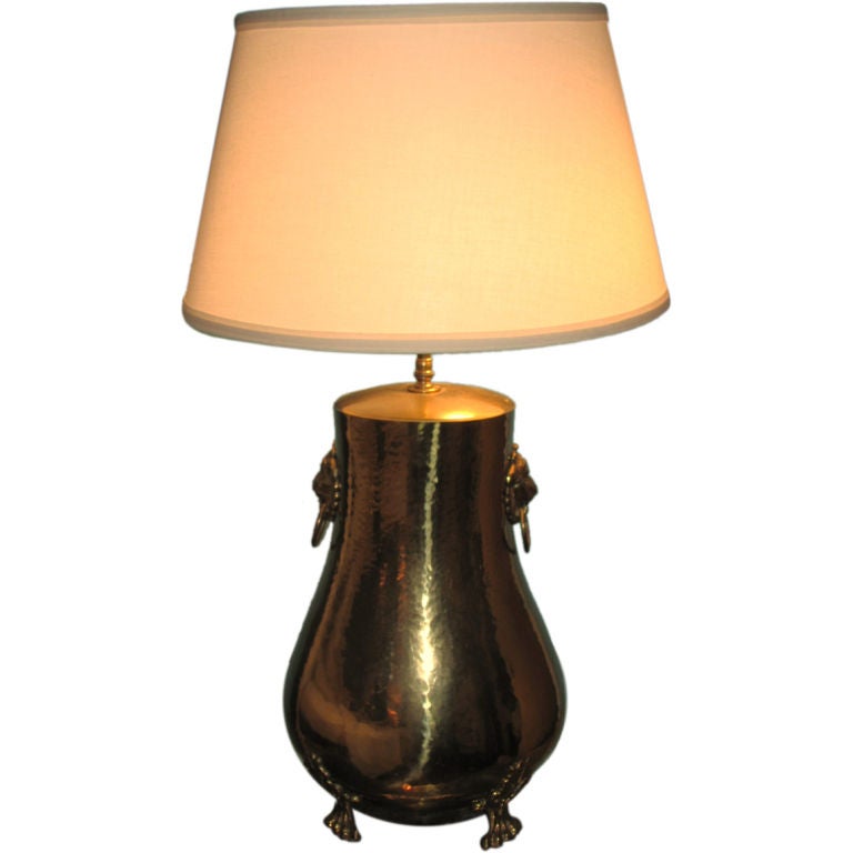 Hammered Brass Lamp with Lions Heads