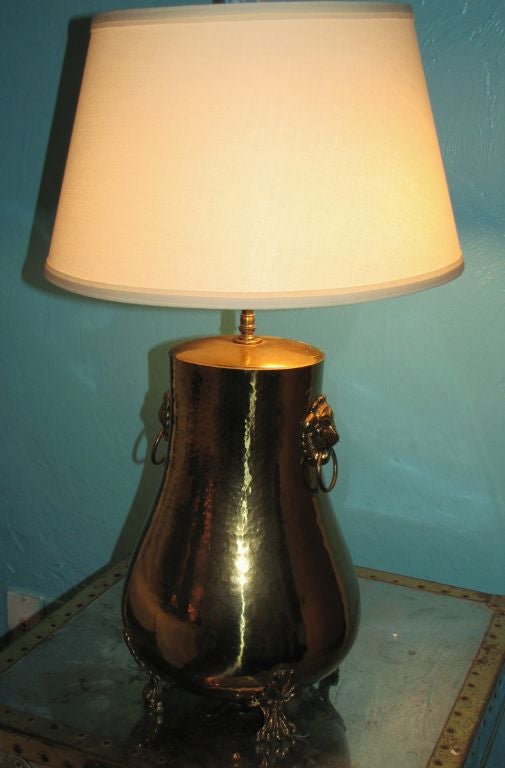 Hammered Brass Lamp with Lions Heads
