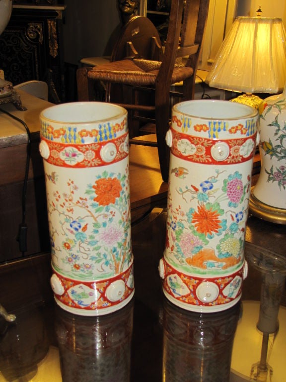 PAIR UNUSUAL CHINESE CYLINDER VASES