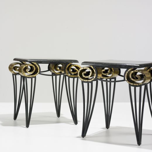 Pair of Arturo Pani Iron, gilt and Stone Scroll Tables executed by Talleres Chacon. All Pani pieces are custom designed for each client. Provenance upon request.

Arturo Pani (1915-1981?) was born in Mexico City to a well known diplomatic family.
