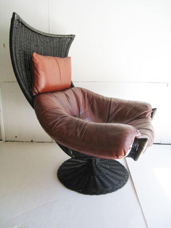 Gerard Van Der Berg Rattan and Leather Lounge Chair. Restored Rattan. Original Leather - very good condition