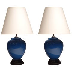 Pair of Blue Verre Églomisé Table Lamps