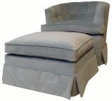 Blue-Gray Cotton Velvet Upholstered Chair and Ottoman