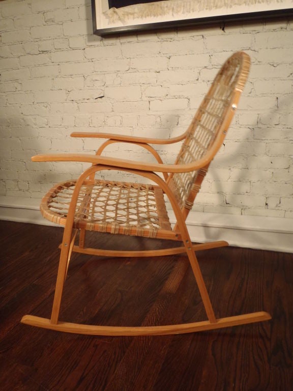 Oak and Rawhide Snow Shoe Rocking Chair For Sale 4