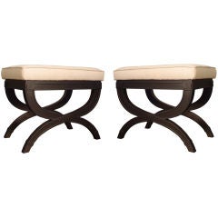 Pair of Black-Painted X-Base Stools with Linen Seats Pair of Black-Painted X-Base Stools with Linen Seats