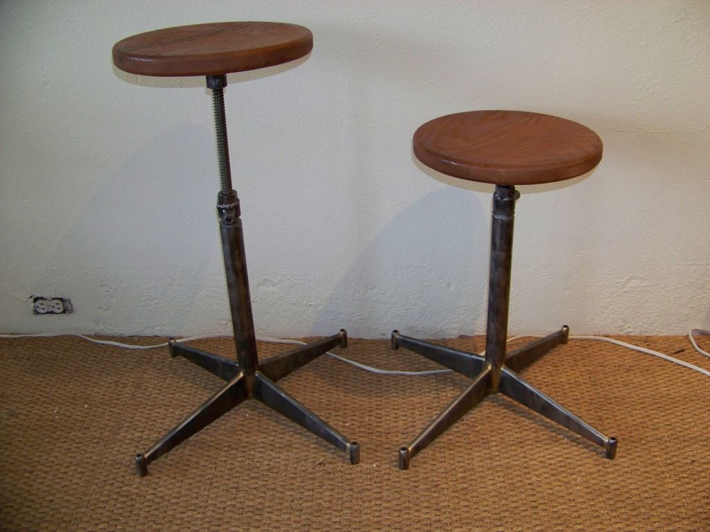 Set of Six Adjustable Polished Steel Stools w/ Wooden Seats