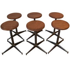 Set of Six Adjustable Polished Steel Stools w/ Wooden Seats