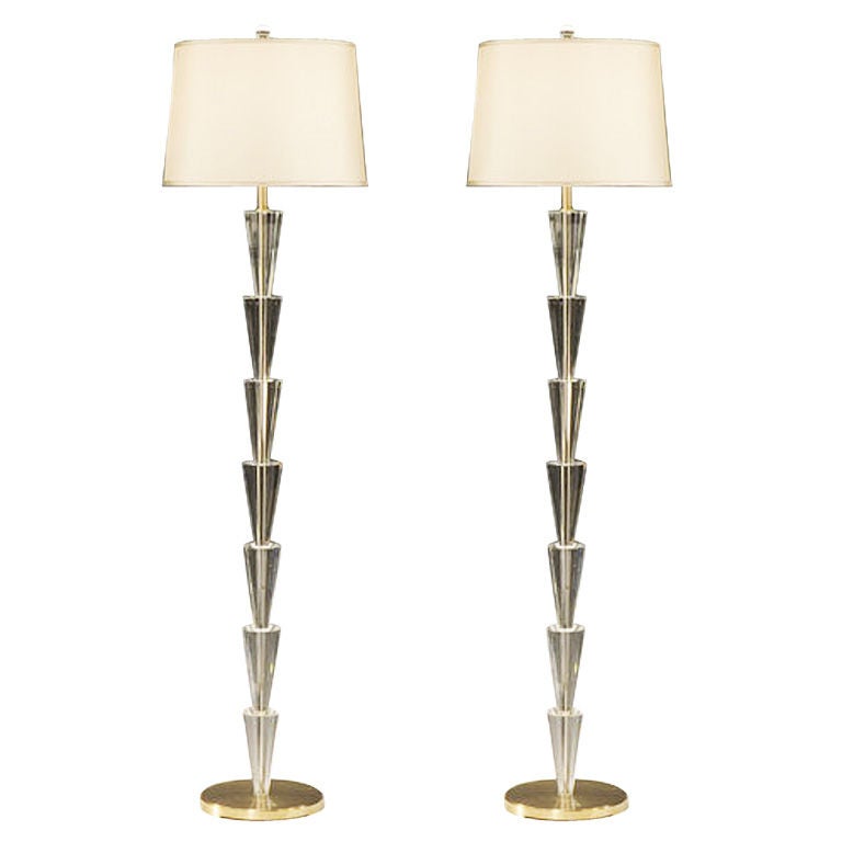 Pair Italian Modern Neoclassical Style Crystal Floor Lamps, Fontana Arte Style