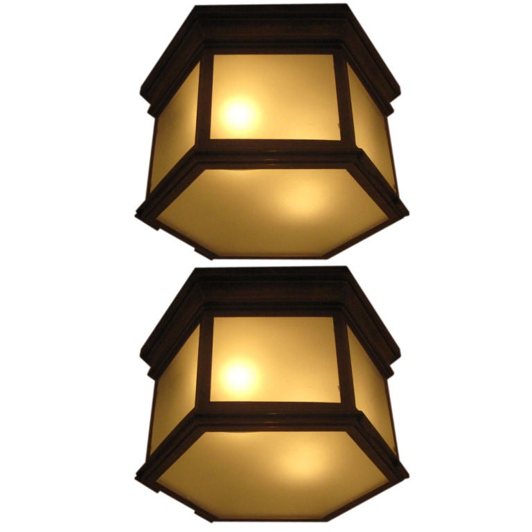 4 French Mid-Century Modern Style Brass Hexagonal Flush Mounts, Jacques Quinet For Sale