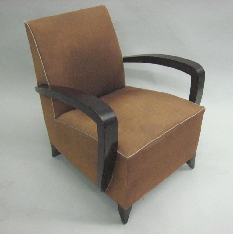 Elegant pair of French Mid-Century armchairs / club / lounge chairs attributed to Rene Prou, circa 1930 designed with bold, yet simple lines. Can be reupholstered in leather.