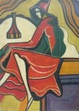 Vintage Untitled (Woman in Red Dress) Signed Hugo Scheiber
