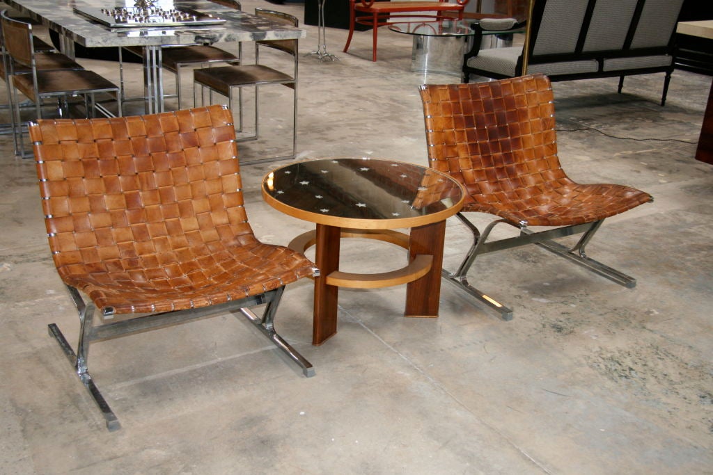 Italian Steel & Woven Leather Lounge Chairs