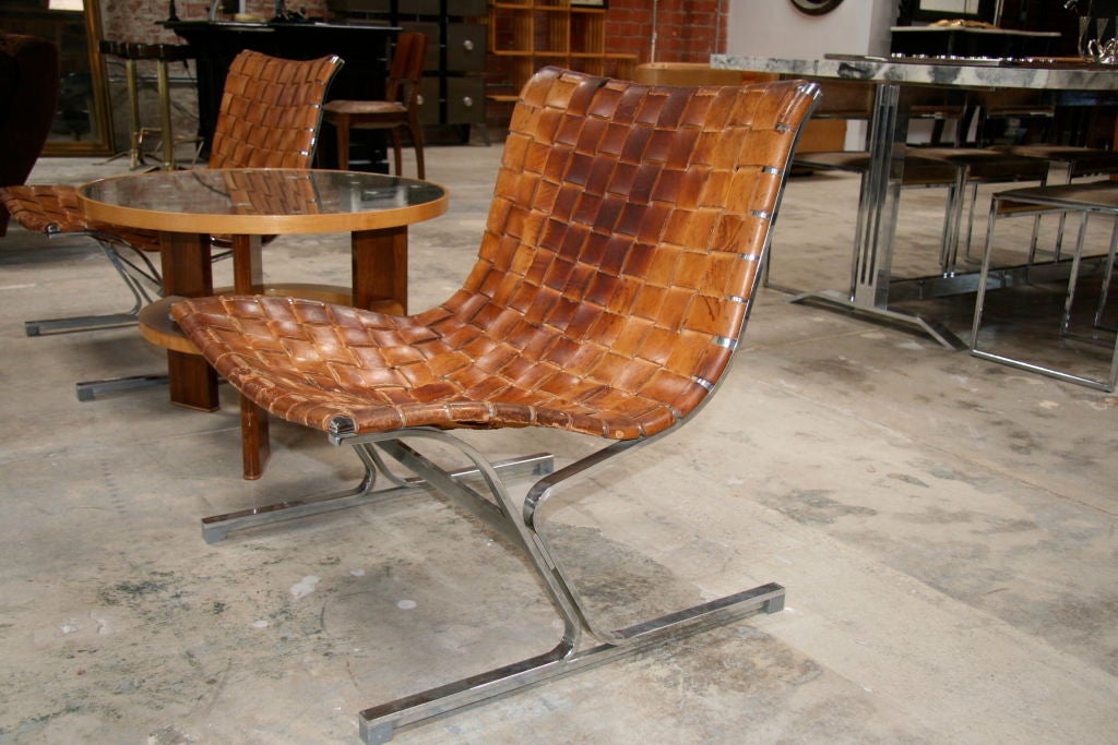 Mid-20th Century Steel & Woven Leather Lounge Chairs