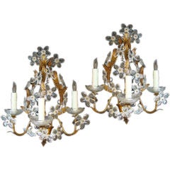 Pair of iron and tole 1920's 3-light sconces with floral crystal