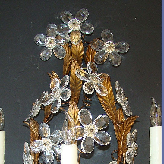 Pair of iron and tole 1920's 3-light sconces with floral crystal
