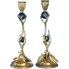 Vintage Pair of bronze dore art nouveau candleholders