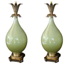 Pair of 1960's crackle celadon porcelain lamps on stylized bases