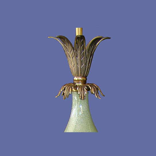 Pair of 1960's crackle celadon porcelain lamps on stylized bases