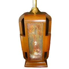 Vintage 1960's wood lamp with colored glass panels