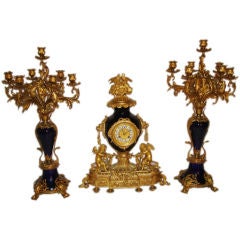 Exceptional French 19th century bronze dore garniture clock set