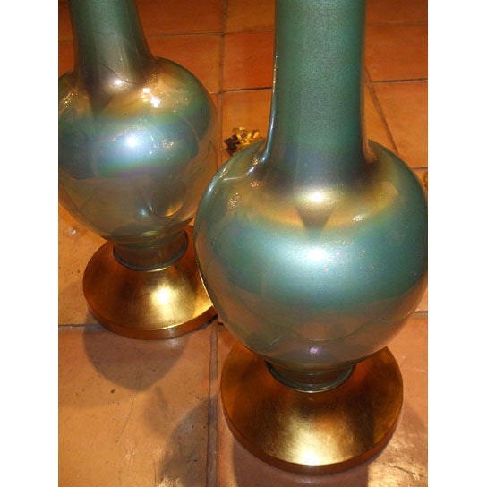 Pair of 1960's translucent green Murano lamps on custom bases.