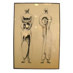Original Framed Henry Moore Sketch - 2 Standing Figures