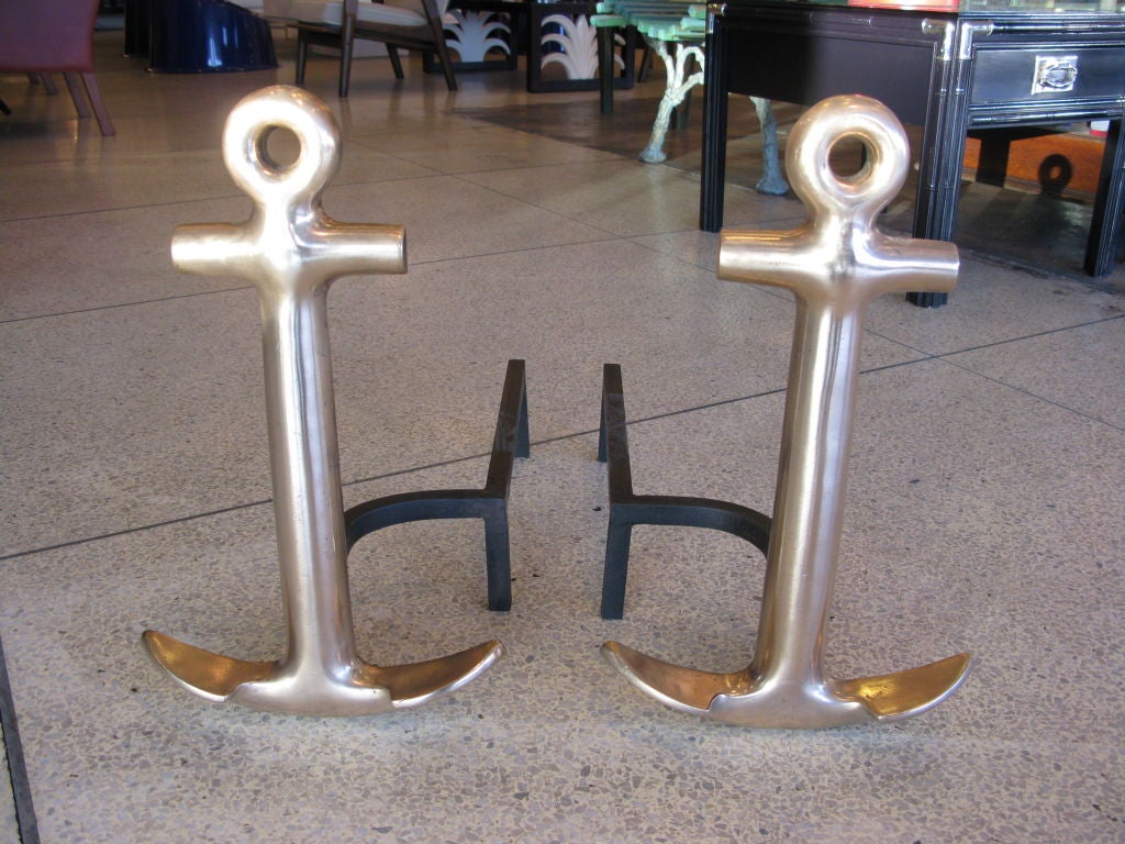 Very heavy polished brass US Navy maritime anchor andirons.