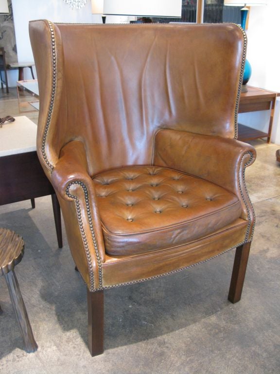 Danish Brown Leather Wing Back Chair