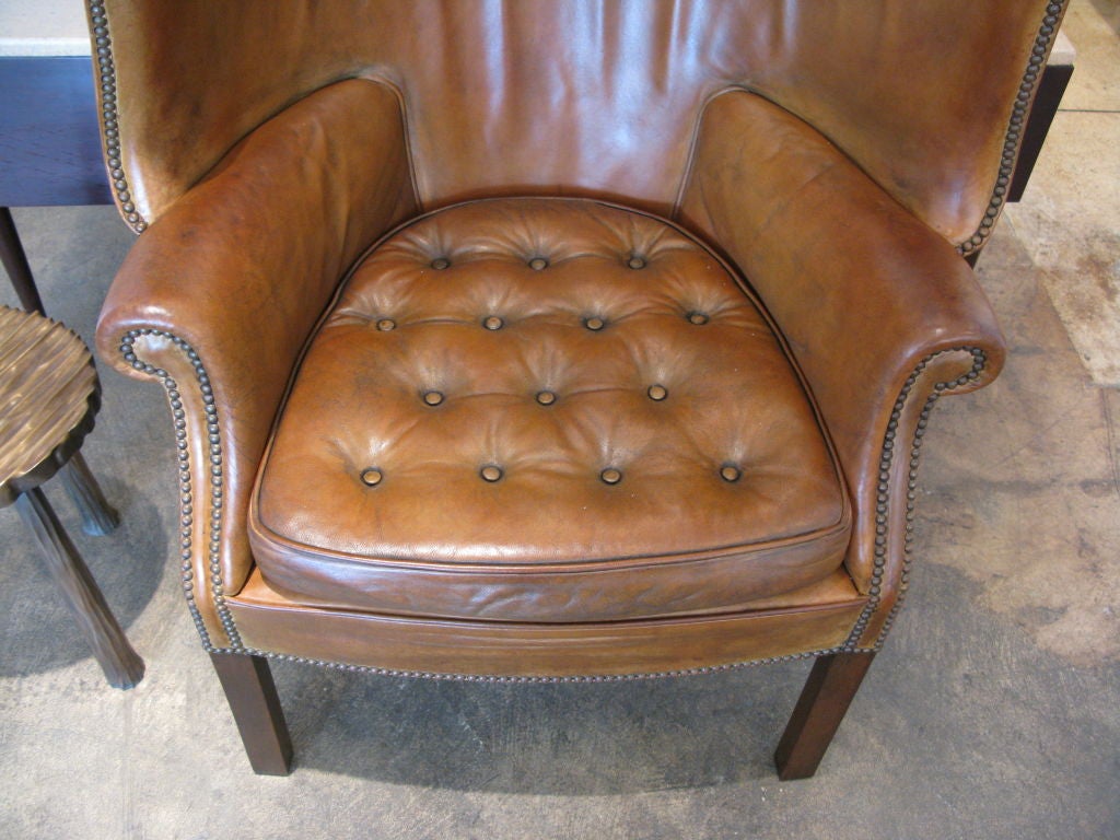 Mid-20th Century Brown Leather Wing Back Chair