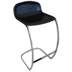 D Stool, Bar Stool in Polished Nickel and Black Leather (Bar Height)