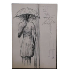 Original Framed Henry Moore Sketch - Figure In The Rain