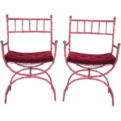 Pair of Red Metal Bamboo Chairs