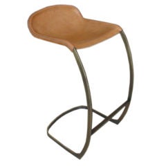 D Stool, Bar Stool in Aged Brass and Natural Leather (Counter Height)