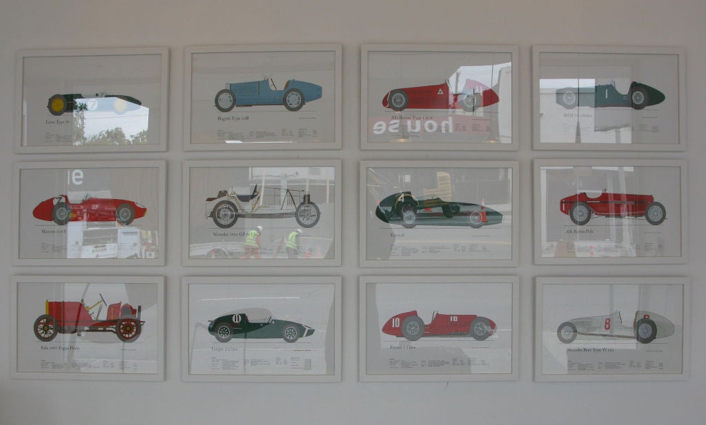 Set of 12 Framed Vintage Car Drawings
