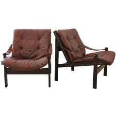 Pair of Beechwood & Leather Armchairs