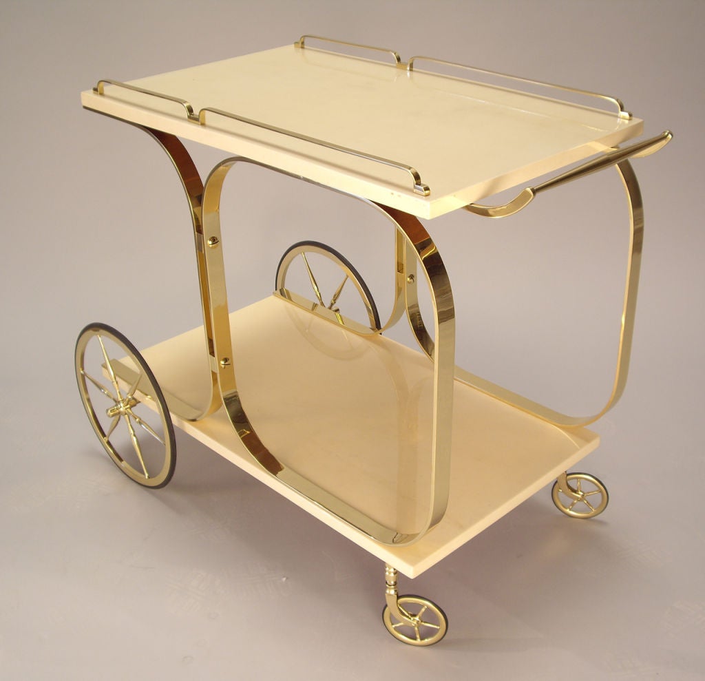 Aldo Tura - Lacquered Goatskin and Brass Rolling Cart In Excellent Condition In Los Angeles, CA