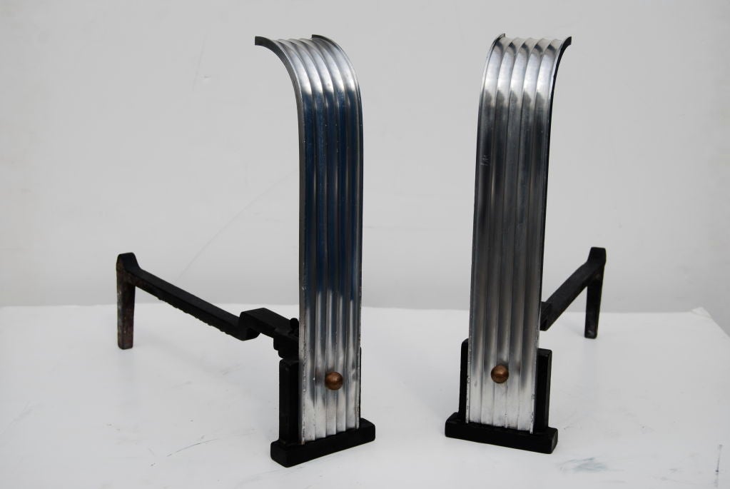  Donald Deskey Style Art Deco Aluminum Andirons In Good Condition For Sale In Los Angeles, CA