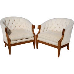 Charming Pair of Baker Biscuit Tufted Lounge Chairs