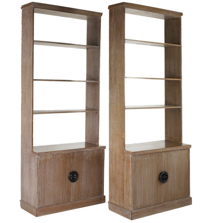Exceptional Pair of James Mont Ceruse Bookcases with Button Pull For Sale