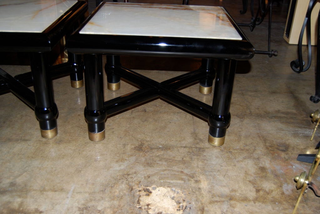 Mid-Century Modern Italian Black Lacquer Side Tables with Onyx Tops For Sale