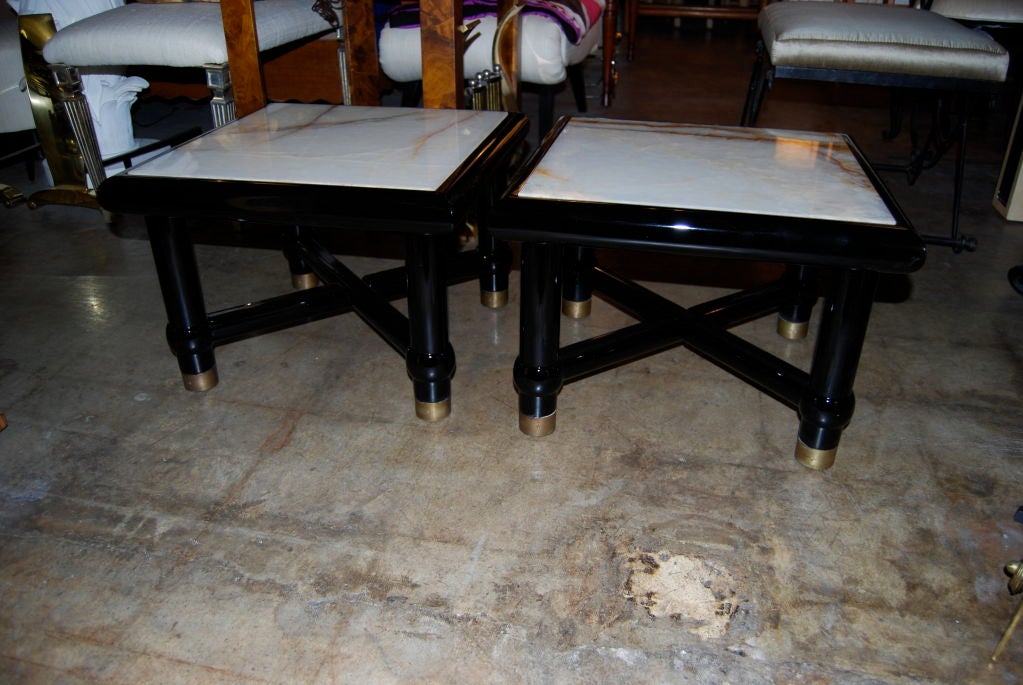 Italian Black Lacquer Side Tables with Onyx Tops In Excellent Condition For Sale In Los Angeles, CA