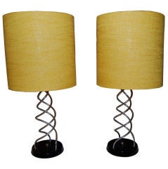 Pair of Nickel "Spiral" Table Lamps with Chartreuse Shades