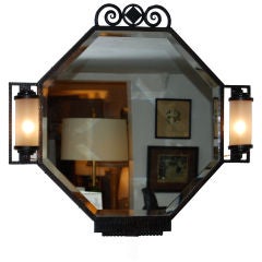 Antique French Fer Forge Octagonal Mirror with Sconces