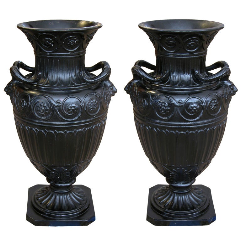 A Pair of English Neoclassical Style Wedgwood Jasper-Ware Urns