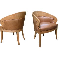 Vintage A Stylish Pair of American Art Deco Bird's Eye Maple Club Chairs