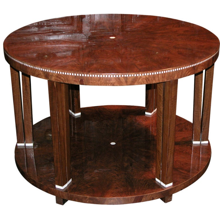 A Richly-Patinated French Art Deco Falme-Mahogany Circular Cocktail Table with Inlay in the Style of Jacques-Emile Ruhlmann