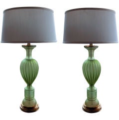 A Tall Pair of Italian 1960's Apple-Green Frosted Glass Lamps