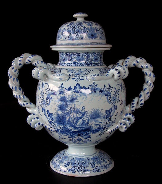 A Boldly-Scaled Dutch Blue&White Delft Pedestal Covered Vase